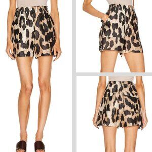 Ganni Silk Linen Leopard Print Pull On Shorts Black Brown 4433